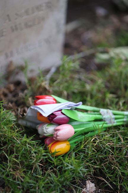 A small bouquet of fresh tulips resting on the grass near a light-colored gravestone at Hampstead cemetery. The tulips are in various colours including pink, yellow, red, and purple, with soft, smooth