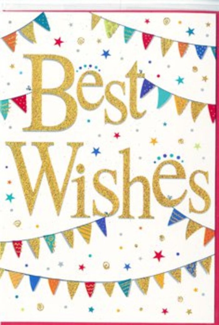 The congratulations card pictured feels like a moment of festivity captured and gently held in place, much like the relaxed celebrations you might see after a weekend stroll across Hampstead Heath. At its heart, the phrase Best Wishes is showcased in generous, looping gold lettering, the script embossed and dusted with fine glitter so that each stroke sparkles when it catches the light. The gold tone is warm rather than brash, reminiscent of late-afternoon sunlight on the brick façades along Heath Street, creating a feeling of warmth and sincerity. Surrounding the message are graceful arcs of bunting, strung as if between invisible posts. Every small triangular flag is a burst of colour: rich blues, bright reds, fresh greens, sunny yellows, and soft coral tones, with some flags decorated in tiny dots, others in crisp stripes or subtle chevron patterns. The bunting curves above and below the greeting, almost cradling the words, and adds a sense of movement, like flags fluttering lightly in a soft breeze during a neighbourhood celebration. Scattered across the white background are petite starbursts and confetti dots in coordinating shades, some with a hint of metallic sheen, others flat and matte, suggestive of confetti suspended mid-air. There's an airy balance between decoration and open space, allowing the central message to remain the focus. The overall effect is cheerful yet composed, ideal for sending congratulations on new beginnings-a first home near Hampstead station, a new baby, or success at school. It is the kind of card a local florist might slip beside a vibrant bouquet, adding a tangible note of optimism and heartfelt support.