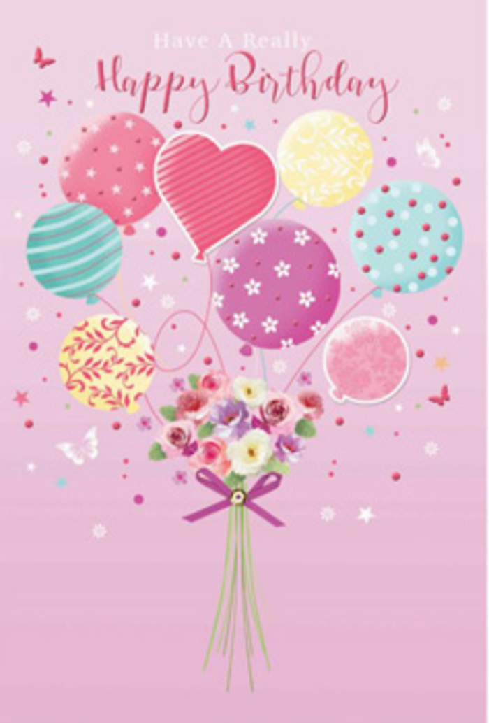 Birthday greeting card illustration portraying a whimsical bouquet of balloons and flowers, bathed in soft, celebratory light. The entire composition sits against a pale pink backdrop, delicate as the blossom-lined streets around Hampstead in spring. At the top, a loose cluster of balloons drifts upward, each one a different pastel shade-powder pink, minty sea green, butter yellow, lilac, and a hint of peach. Their surfaces are decorated with carefree patterns: some show slender, twisting ribbons; others are dotted with polka spots; a few feature dainty florals or star-like speckles, giving the impression of music and laughter caught in colour. The balloon strings gather neatly into a central point, where they appear to be tied around a fresh, compact bouquet. This floral cluster includes petite roses and soft, daisy-like or anemone-style blossoms, petal edges slightly feathered and layered, in a gentle palette of cream, blush, and dusky mauve. A tidy purple satin bow holds the stems, its sheen suggesting the same type of ribbon a local Hampstead florist might use when preparing a hand-tied birthday bouquet for delivery across NW3. Light in the artwork seems to fall from above, glancing off the curved surfaces of the balloons and illuminating the flowers from the side, enhancing their velvety texture. Scattered around the design are small butterflies and star motifs that add a sense of enchantment, as if this little garden of blooms and balloons were floating above Parliament Hill. The mood is one of affectionate celebration, ideal for sending heartfelt birthday wishes to someone cherished.