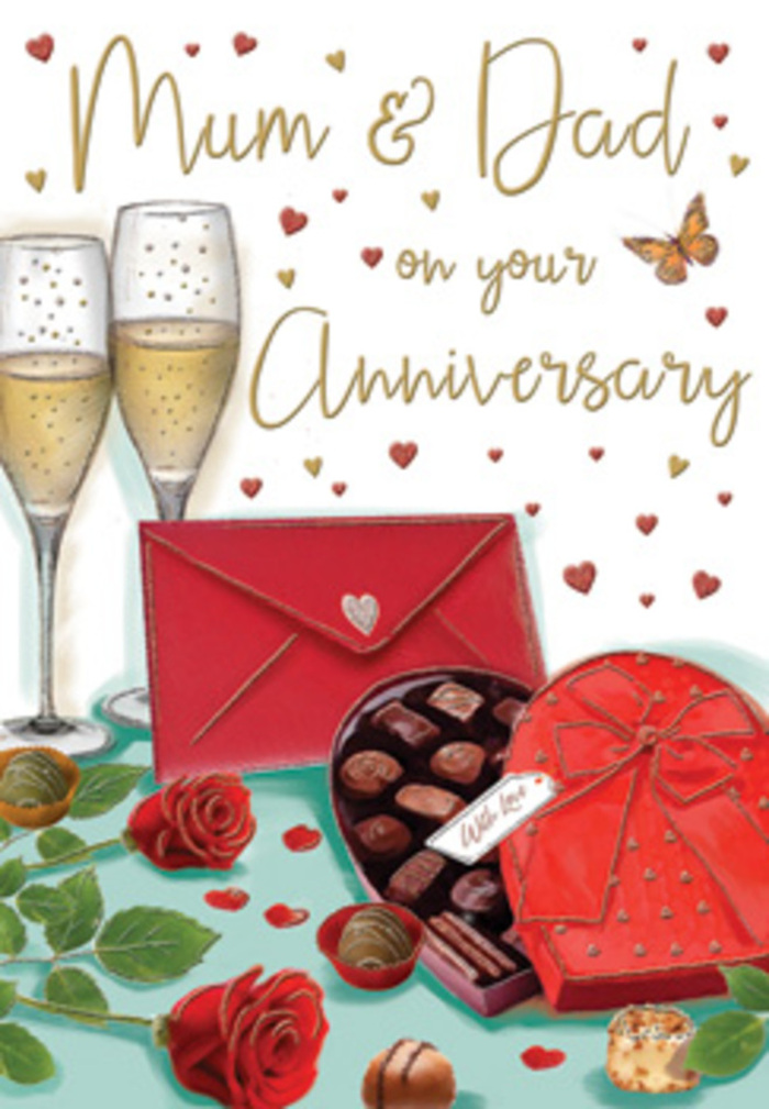 Luxurious anniversary card illustration that feels like a still life set for a romantic evening in Hampstead, created to honour 'Mum & Dad' with depth and tenderness. Two elegant champagne flutes rise from the centre of the scene, their slim silhouettes reflecting soft, ambient light, like glassware arranged on a polished table in a Heath-side apartment. The champagne inside glows with a muted golden tone, speckled with countless tiny bubbles that seem to hover in anticipation of an anniversary toast. Beside the glasses, a heart-shaped box of chocolates in a rich, satin-finish red lies open, its dramatic bow cascading in gentle folds. Inside, assorted truffles and pralines are carefully positioned, each with its own glossy or textured surface, inviting the viewer to imagine the first sweet bite. In the foreground, two sumptuous red roses rest on the tabletop, their petals deeply ruffled and cushion-soft, brushing against lush green leaves. The blooms appear freshly cut, with the same full-headed quality a local Hampstead florist would select for a special anniversary bouquet destined for a home near the High Street or Keats House. To the side, a bold scarlet envelope, sealed and pristine, suggests a handwritten card filled with intimate words and family memories. Scattered around the composition, tiny crimson and gold hearts drift through the background, gently framing the hand-lettered 'Mum & Dad' message. The overall atmosphere is warm, nostalgic, and slightly indulgent, evoking a quiet evening celebration at home in NW3, where shared chocolate, fresh flowers, and sparkling champagne mark the passing of another loving year.