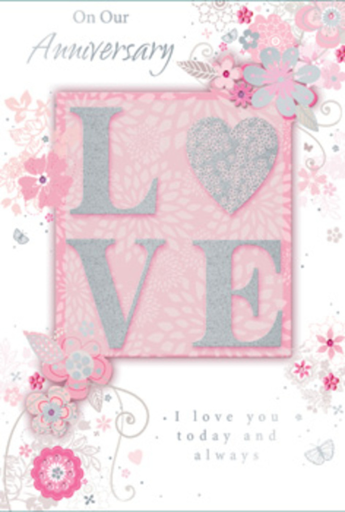 The anniversary card pictured here feels like a keepsake of everyday love, rather than a single grand gesture, its softly luminous design echoing the calm charm of Hampstead's leafy side streets. Dominating the centre is the word LOVE, printed in a refined typeface and finished with a layer of frosted glitter that catches and scatters light in a subtle shimmer. The letters are slightly raised, giving them a tactile dimension you could sense with your fingertips, similar to the textured stems and petals we handle in the studio when tying anniversary bouquets. Around this central motif, gentle sprays of hand-drawn flowers drift along the borders of the card. Their petals are rendered in light tones of blush pink, lilac, and creamy ivory, each bloom outlined and shaded with fine, confident lines that mimic the flow of real petals opening. Dainty leaves and curling tendrils wind between the blossoms, adding structure and movement without cluttering the scene. Tiny, almost-hidden butterflies or wing-like flourishes hover near the edges, evoking the quiet flutter of excitement that still lingers even in long-term relationships. The background remains a soft, romantic pink, with areas of lighter and darker shading that suggest an almost watercolour wash. Somewhere within the design sits an understated message-likely phrases such as I love you today and always-rendered in a graceful script that feels both intimate and sincere. The overall effect is that of a paper bouquet: delicate, considered, and timeless, much like the classic anniversary arrangements delivered across Hampstead, from the Heath-side homes to the characterful streets near Flask Walk and Church Row.