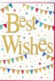 In this image, a cheerful congratulations card is shown in close detail, radiating the same upbeat mood you might feel wandering through Hampstead on a bright market day. The centre of the design features the words Best Wishes written in sweeping, elegant script, embossed in a rich golden shade with fine glitter that makes the letters shimmer against the spotless white background. The texture looks slightly raised and tactile, inviting the fingertips to follow each rounded curve. Above and below the greeting, curved strings of bunting sweep gently across the card, almost like gentle smiles. Each tiny triangular flag is painted in bold, celebratory colours-cobalt blue, crimson, emerald, sunshine yellow, and bursts of pink-some with playful polka dots, others with stripes or tiny geometric motifs, giving the impression of individually crafted decorations at a local Hampstead street party. Around these garlands, the designer has scattered miniature stars and confetti-like dots in coordinating hues, some filled with metallic gold or silver, others in soft flat colour, creating the illusion of festive confetti hovering in the air. The composition is open and breathing, allowing the message to remain the focal point while the decorations bring a sense of motion and delight. The mood is one of shared happiness and warm encouragement, perfectly suited to celebrate a promotion, an exam success, or a special new beginning. It's easy to imagine this card accompanying a bouquet ordered from a trusted Hampstead florist, ready for same-day delivery to a friend or loved one who deserves to feel celebrated and supported.