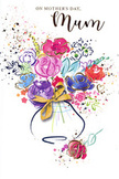A luminous Mother's Day card features an exuberant, watercolour-style bouquet that bursts from the centre of the page, as if just placed in a sunlit window overlooking Hampstead's leafy streets. The flowers are loosely drawn with confident indigo lines, then filled with generous sweeps of cerise, fuchsia, and deep pink, softened by cooler swirls of lavender, periwinkle, and soft blue. The colour palette feels like a walk across Hampstead Heath in spring, full of life and movement yet harmoniously balanced. Delicate accents of gold sparkle along petal edges, tiny hearts, and scattered droplets of paint, catching the eye like glints of light on polished glass or the subtle shine of gift wrap ribbon. All these playful strokes converge into a stylised vase, painted in translucent layers that suggest gentle curves without heavy detail, finished simply with a slender golden bow. Around the main bouquet, speckles of colour and heart motifs drift across the clean white background, creating a sense of joyful celebration, as though petals were tossed into the air in honour of a beloved mum. The overall feel is airy, modern, and heartfelt, with each stroke evoking the thoughtful care that goes into choosing the right flowers for Mother's Day. This card reads as a visual love letter, a bouquet preserved on paper, perfect for sending warm thanks and affection from Hampstead homes to mothers near or far.