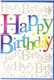 A colourful birthday card stands propped up as if ready to be signed before a celebration in Hampstead. Dominating the design are the words Happy Birthday, written in big, confident letters that ripple with a rainbow gradient. The colours move seamlessly from deep cherry reds and hot pinks through regal purples and ocean blues to vibrant greens, sunny yellows and soft apricot tones, evoking the cheerful palette of a bright birthday arrangement delivered around South End Green. Each letter has a soft, slightly rounded shape, giving the design a friendly, welcoming feel. Surrounding this headline message, the background glows with repeating lines of the phrase Happy Birthday to you, all rendered in a delicate, flowing gold script. The writing runs diagonally across the card in neat, parallel lines, and the metallic ink subtly sparkles as if dusted with fine glitter, reminiscent of early morning light flickering across café windows on Hampstead High Street. Small stars and tiny shimmering dots are scattered between the lines, adding an extra hint of party confetti without crowding the space. The card stock looks smooth with a gentle sheen, suggesting a slightly luxurious touch that still feels modern and playful. The combination of bold, rainbow lettering and soft golden script creates a layered effect, like a chorus of voices echoing the same warm wish. It's an uplifting, contemporary birthday card that would sit beautifully alongside a colourful bouquet, carrying the same sense of joy, warmth and anticipation that local families share as they celebrate milestones across NW3.