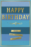 The image shows a sophisticated birthday card whose palette and layout create a feeling of gentle celebration, suited perfectly to a quiet birthday morning in Hampstead. The front of the card is composed of generous horizontal bands of blue, moving from rich, inky navy at the top through calmer denim and ocean shades to a light, airy sky blue at the base. These stripes are even and full-width, forming a serene ombré effect that feels both modern and timeless. Centred across the upper portion, the greeting HAPPY BIRTHDAY is rendered in tall, uppercase letters, each letter deeply embossed and finished in warm gold foil. The metallic surface catches and softens the light, giving the words a gentle shimmer when viewed from different angles. Beneath the main greeting lies an elegant gold flourish, curling in a slender, ornamental line that suggests old-world penwork and adds a romantic touch. In the lower section of the card, three slim gold banners are arranged in a neat vertical stack. Each banner is edged and filled in gold and carries part of the welcoming message: Relax, have a great day and enjoy! The banners are also embossed, so they rise slightly above the smooth, matte blue stripes. A delicate gold border frames the outer edge of the card, holding the whole arrangement together like a fine picture frame. The overall impression is calm, tasteful, and uplifting, ideal to accompany locally delivered birthday flowers resting on a windowsill with views over Hampstead's treetops and chimneys.