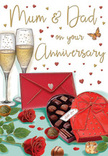 Sentimental anniversary card design that feels like a heartfelt tribute to long-lasting love, set against the quiet charm of Hampstead life. At the centre, two tall champagne flutes stand shoulder to shoulder, their glass catching soft golden reflections as bubbles rise slowly through the pale fizz, ready for a celebratory clink. Nearby, a luxurious heart-shaped box of chocolates in deep red rests half-open, its generous satin bow carefully tied, as though just unwrapped at the dining table. Inside, an assortment of chocolates sits neatly in place, each piece a little moment of shared indulgence. In front, two classic red roses, rich in colour and texture, lie across a sweep of glossy green foliage, their velvety petals unfolding in layers that suggest freshness and care, much like an anniversary bouquet delivered from a Hampstead High Street florist. A bright scarlet envelope, neatly sealed, leans at an inviting angle, promising a handwritten note filled with tender words for 'Mum & Dad.' All around, delicate gold and crimson hearts float across a soft, neutral background, framing the central elements with a gentle sense of joy. The warm lighting feels like evening lamplight in an NW3 home, casting subtle highlights on glass, ribbon, and petals. The scene conjures the clink of glasses, the scent of roses, and the quiet rustle of paper as a card is opened, capturing that intimate moment when parents pause to look back on their journey together in Hampstead and all the love they have created.
